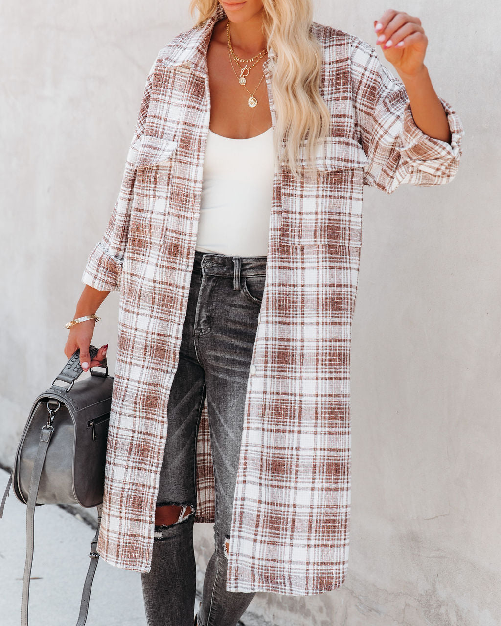 Tanja Pocketed Plaid Button Down Shacket - Copper ACOA-001