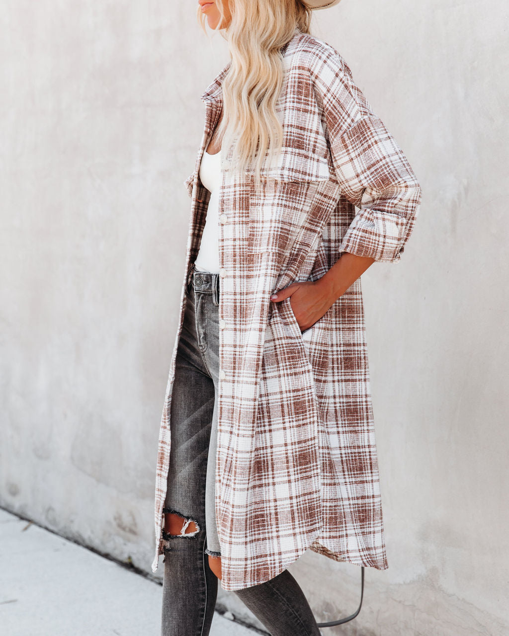 Tanja Pocketed Plaid Button Down Shacket - Copper ACOA-001