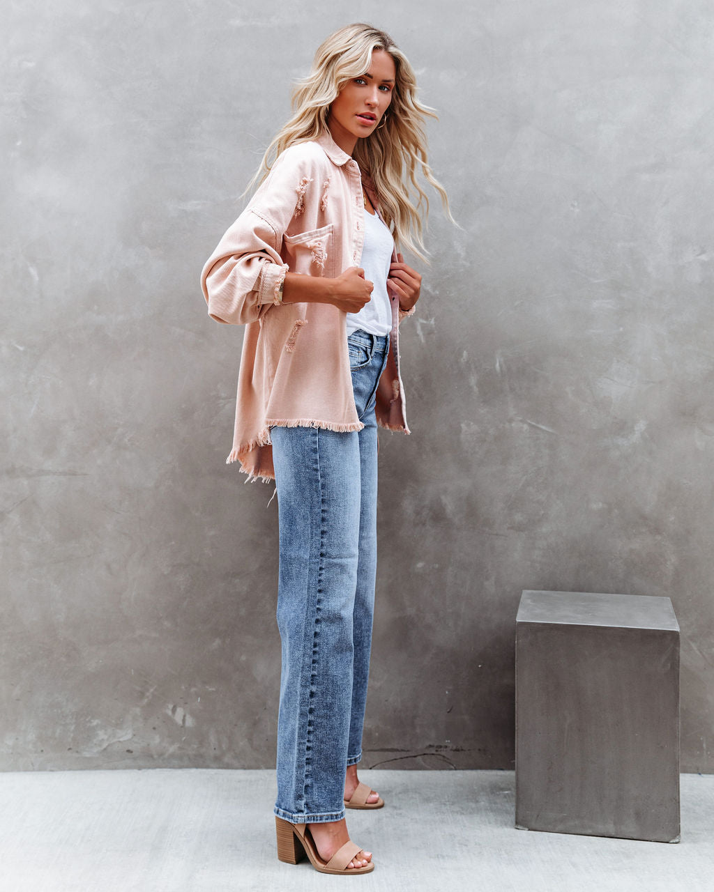 Thinking Out Loud Cotton Distressed Denim Jacket - Rose POL-001