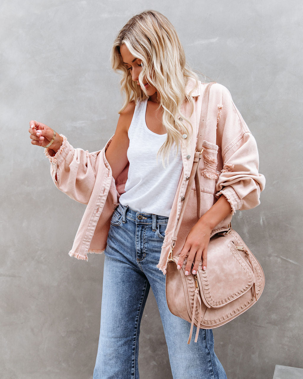 Thinking Out Loud Cotton Distressed Denim Jacket - Rose POL-001