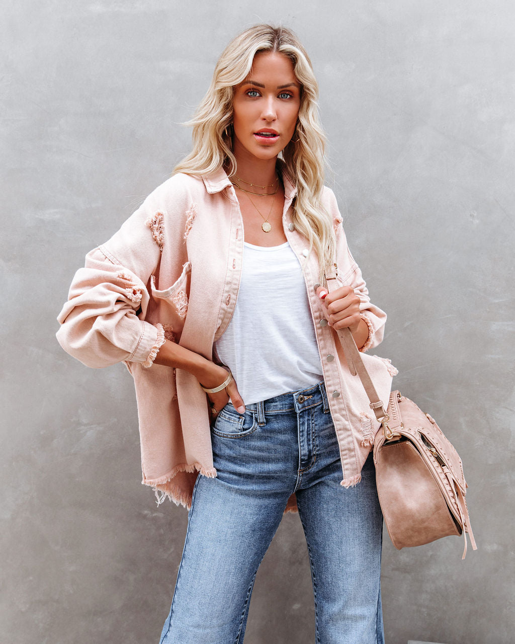 Thinking Out Loud Cotton Distressed Denim Jacket - Rose POL-001