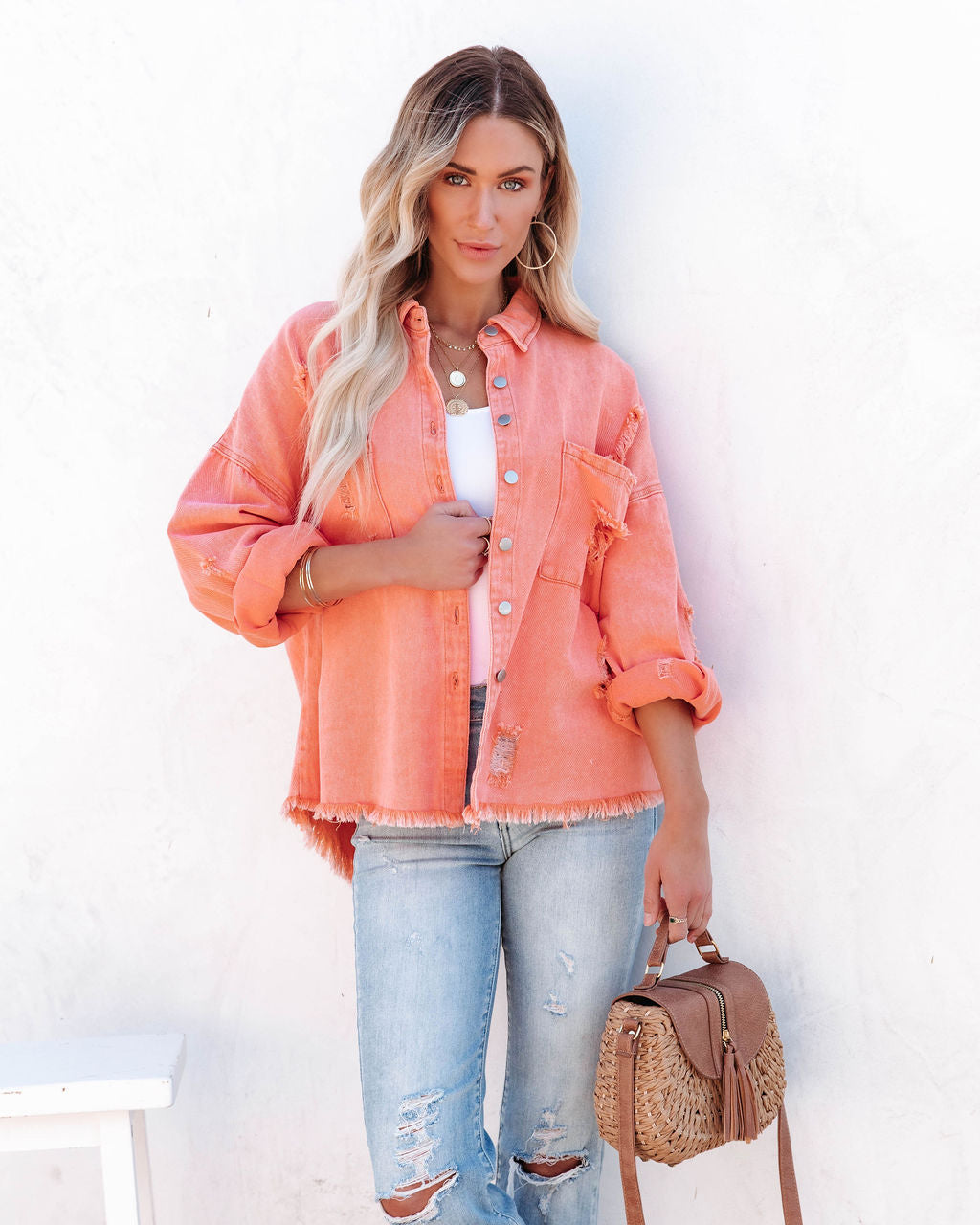 Thinking Out Loud Cotton Distressed Denim Jacket - Orange POL-001