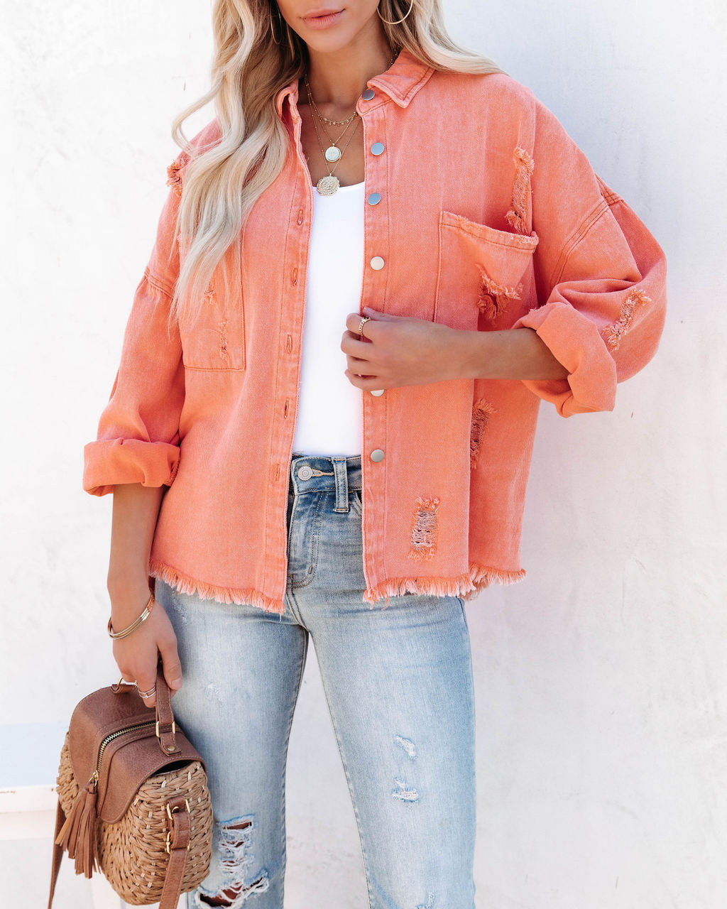 Thinking Out Loud Cotton Distressed Denim Jacket - Orange POL-001