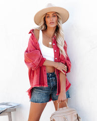 Thinking Out Loud Cotton Distressed Denim Jacket - Red POL-001