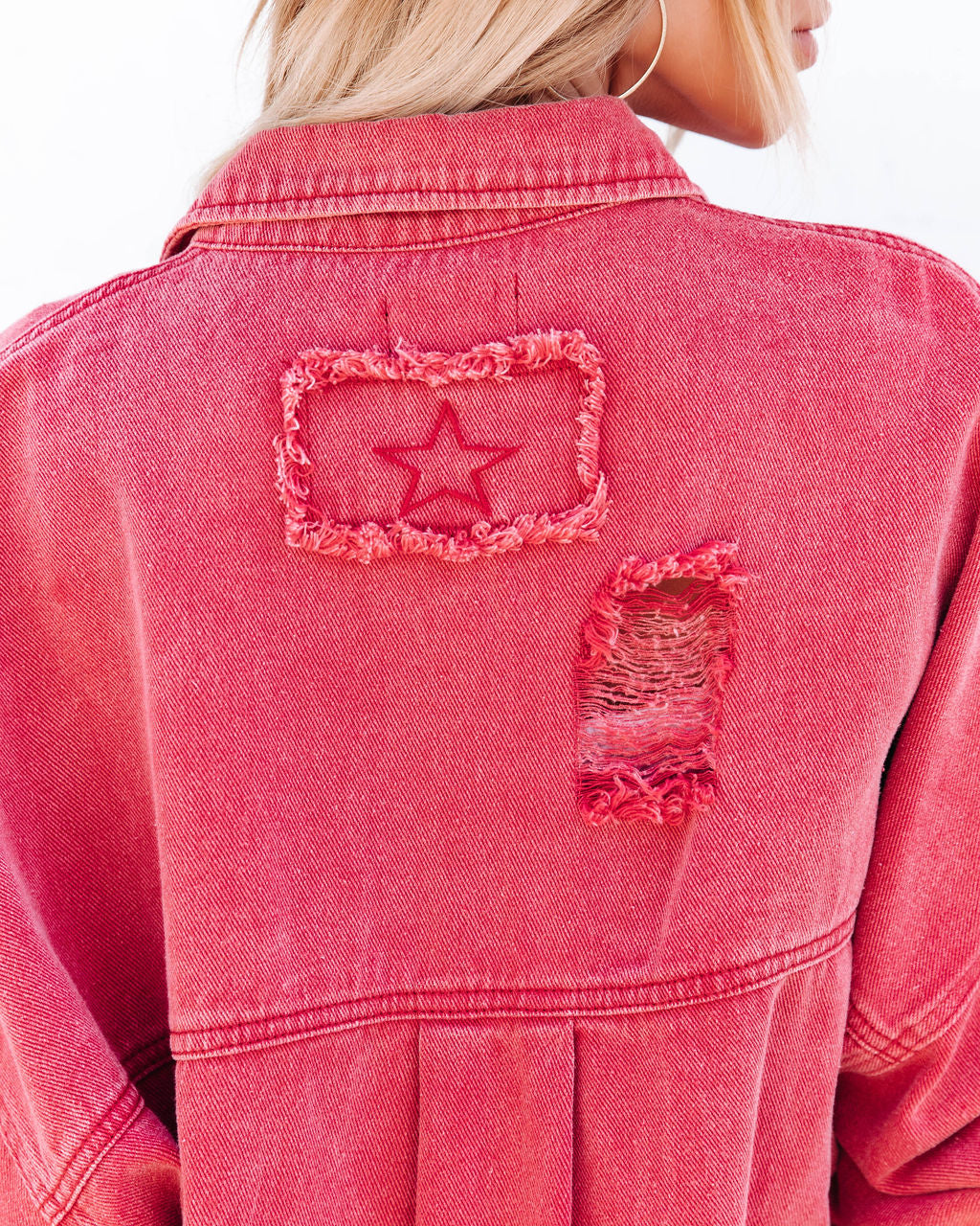 Distressed red denim on sale jacket