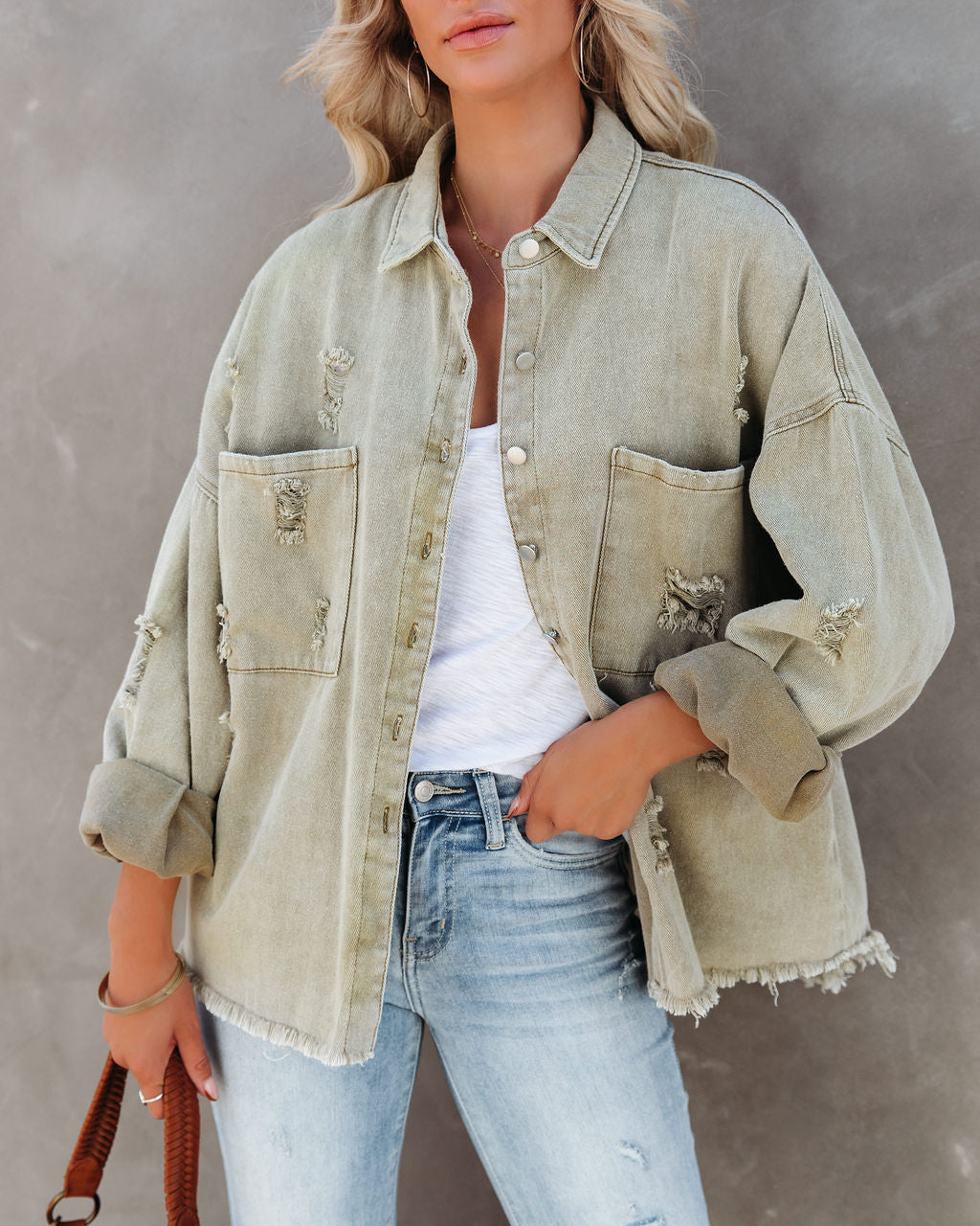 Thinking Out Loud Cotton Distressed Denim Jacket - Sage POL-001