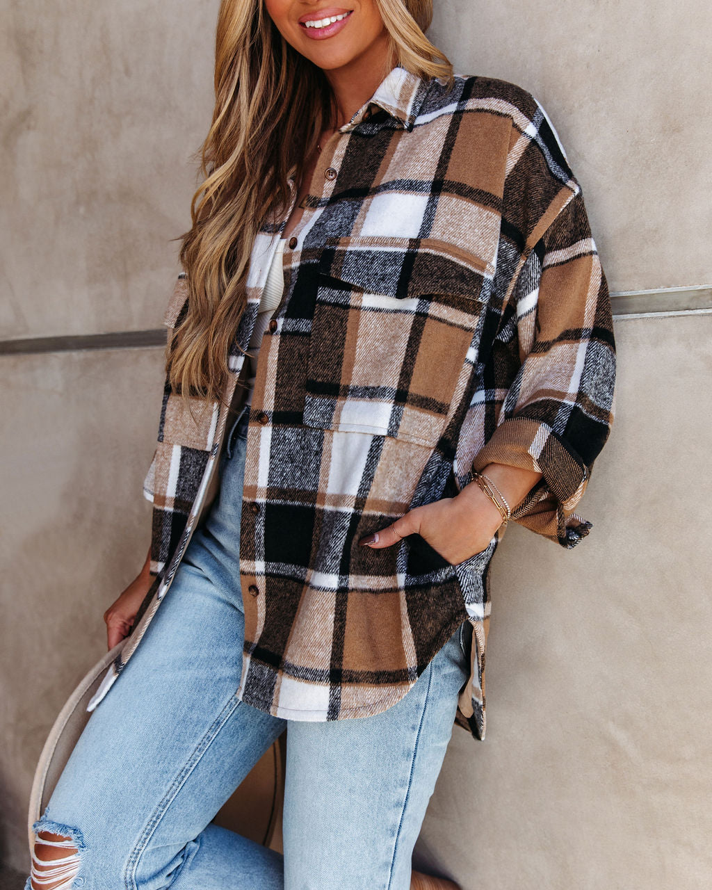 Trace Pocketed Plaid Button Down Shacket - Camel ACOA-001