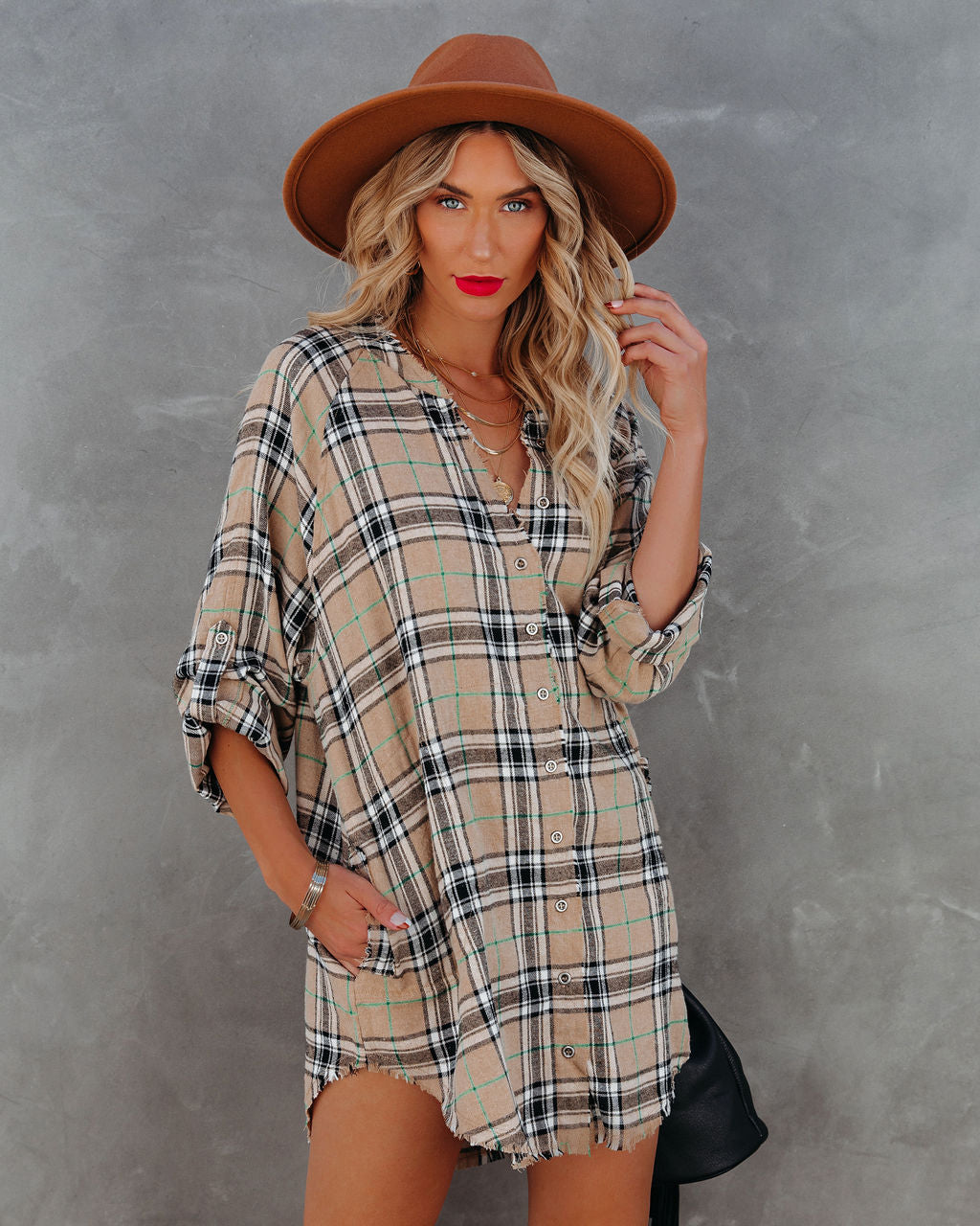 Tucker Cotton Blend Pocketed Plaid Button Down Tunic AAKA-001