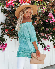 Up In The Clouds Off The Shoulder Crochet Tunic - Dusty Teal - FINAL SALE POL-001