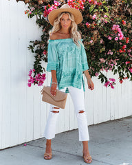 Up In The Clouds Off The Shoulder Crochet Tunic - Dusty Teal - FINAL SALE POL-001