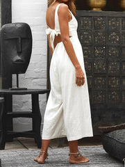 V-Neck Button Bare Back Wide-Leg Jumpsuit Ins Street