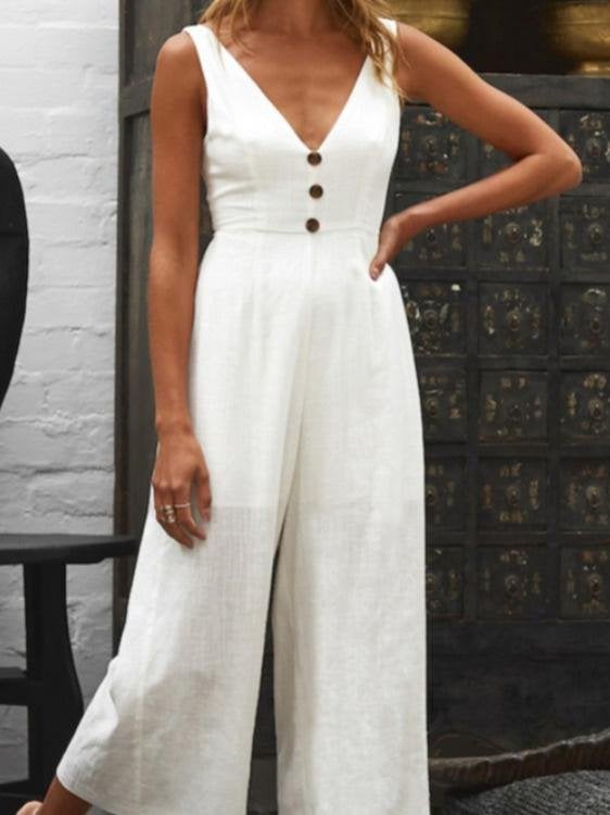 V-Neck Button Bare Back Wide-Leg Jumpsuit Ins Street