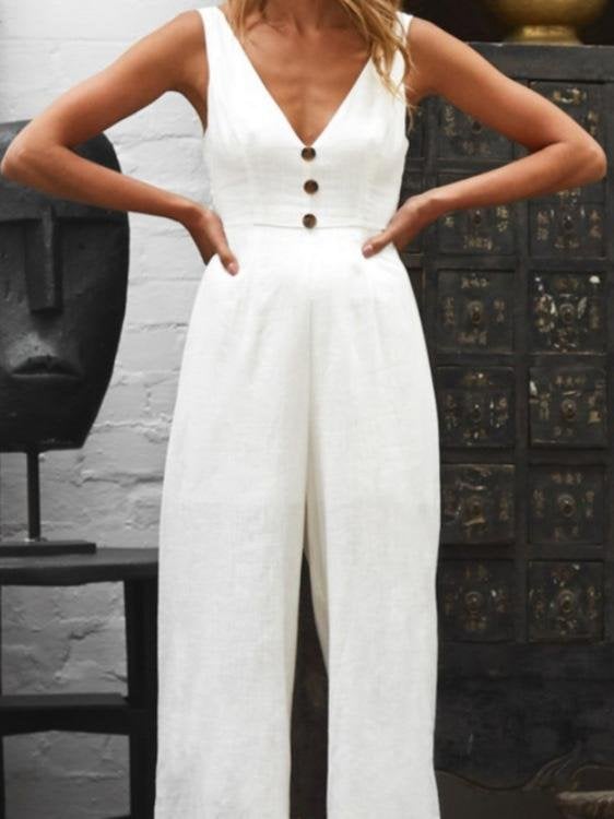 V-Neck Button Bare Back Wide-Leg Jumpsuit Ins Street