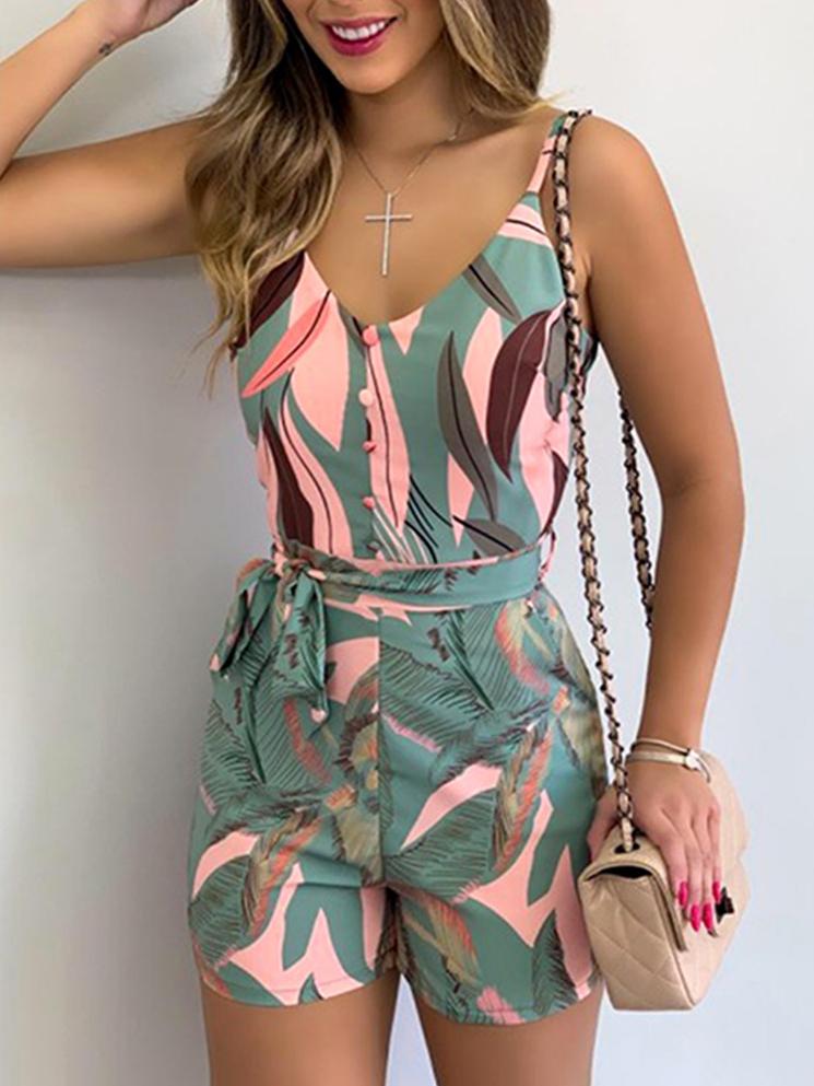 V-neck Leaf Print Tie Suspender Jumpsuit Ins Street