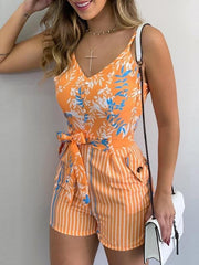 V-neck Leaf Print Tie Suspender Jumpsuit Ins Street