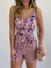 V-neck Leaf Print Tie Suspender Jumpsuit Ins Street