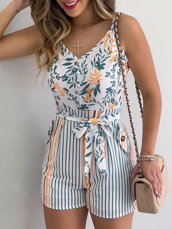 V-neck Leaf Print Tie Suspender Jumpsuit Ins Street