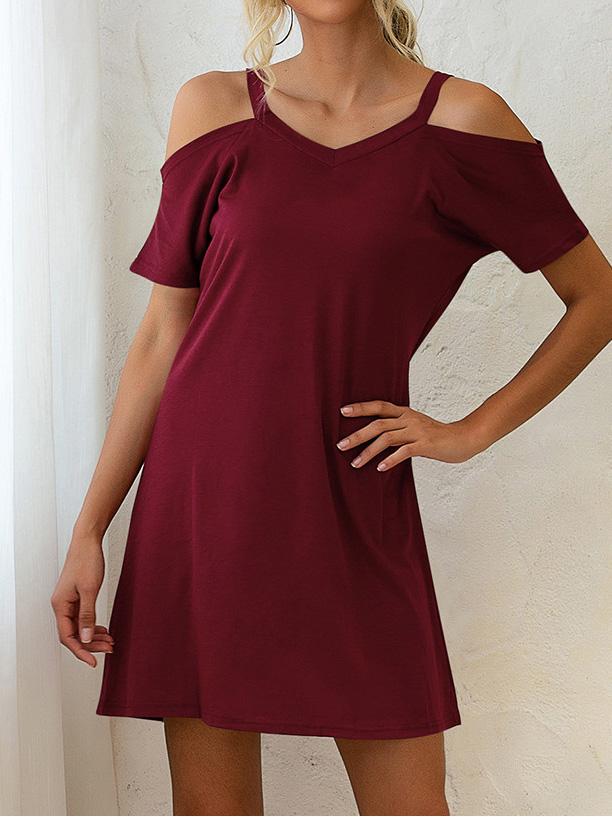 V-Neck Off The Shoulder Short Sleeve Loose Dress ins