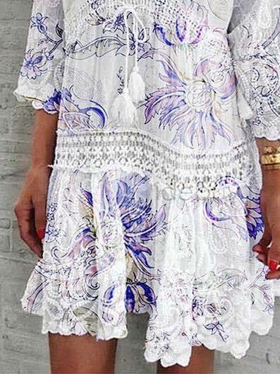 V-Neck Printed Three-Quarter Sleeve Casual Dress Ins Street