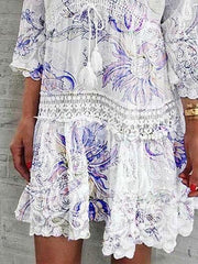 V-Neck Printed Three-Quarter Sleeve Casual Dress Ins Street