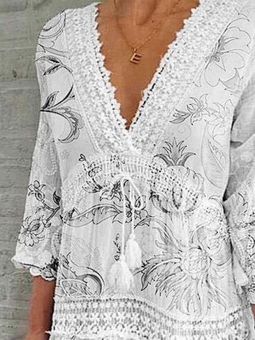 V-Neck Printed Three-Quarter Sleeve Casual Dress Ins Street