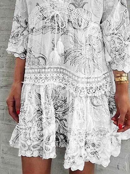 V-Neck Printed Three-Quarter Sleeve Casual Dress Ins Street