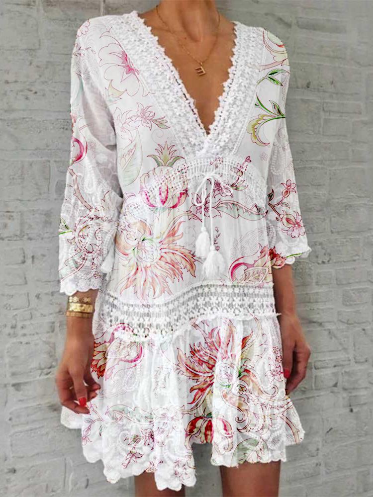 V-Neck Printed Three-Quarter Sleeve Casual Dress Ins Street