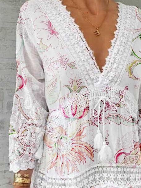 V-Neck Printed Three-Quarter Sleeve Casual Dress Ins Street