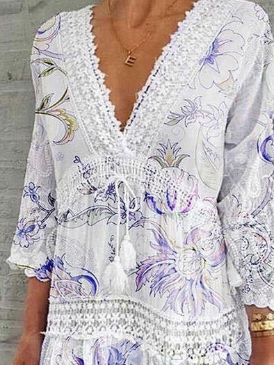 V-Neck Printed Three-Quarter Sleeve Casual Dress Ins Street