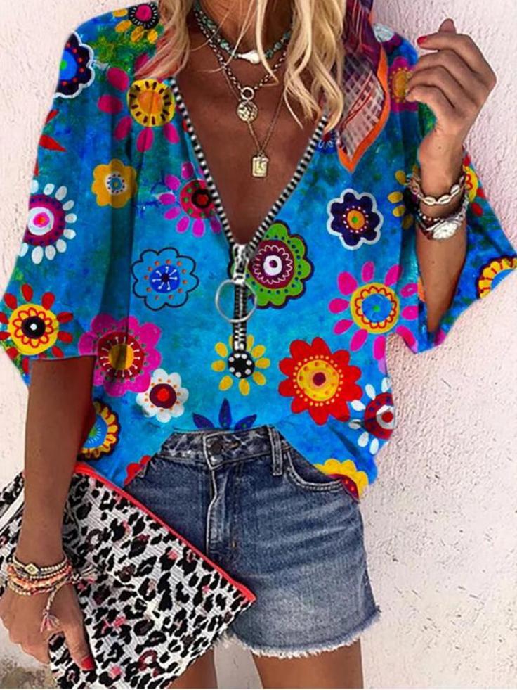 V-Neck Printed Zipper Five-Quarter Sleeves Blouses Ins Street