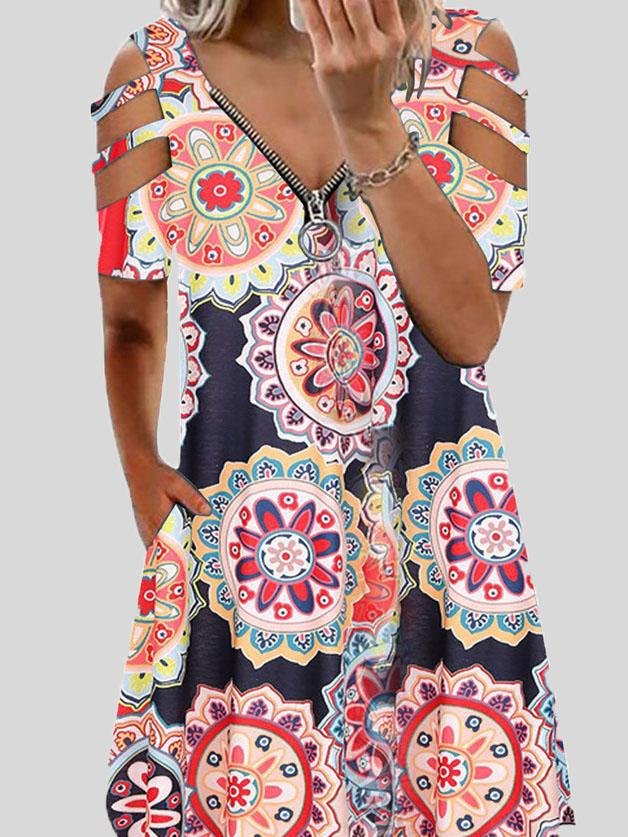 V-neck Printed Zipper Short-sleeved Dress Ins Street