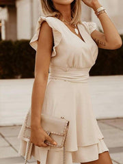 V-neck Ruffle Sleeve Solid Color Dress Ins Street