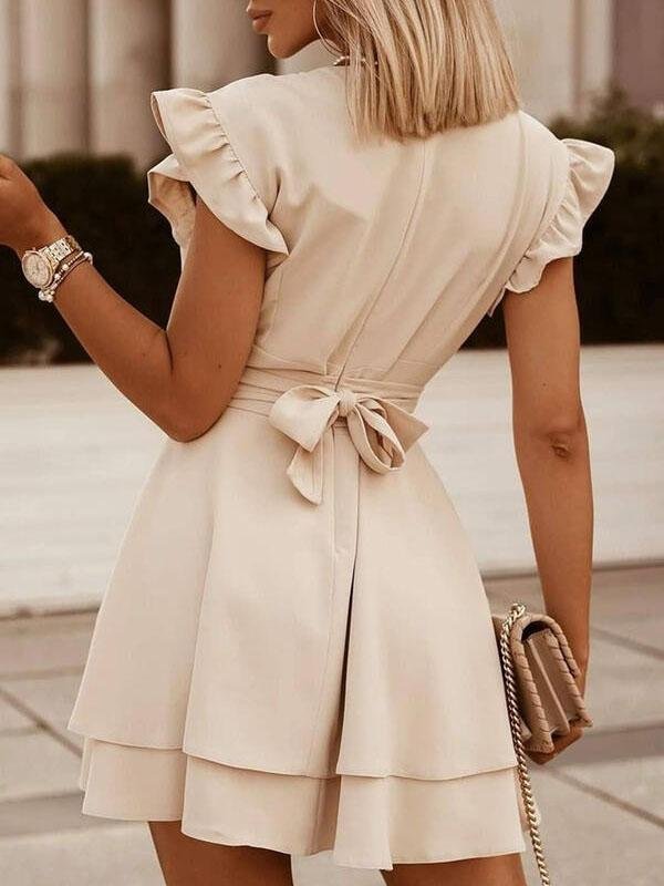 V-neck Ruffle Sleeve Solid Color Dress Ins Street