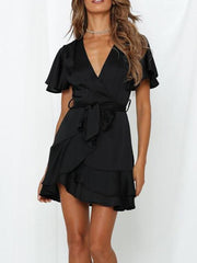 V-neck Ruffled Belt Wrap Mini Dress Ins Street