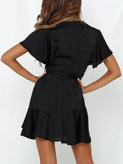 V-neck Ruffled Belt Wrap Mini Dress Ins Street