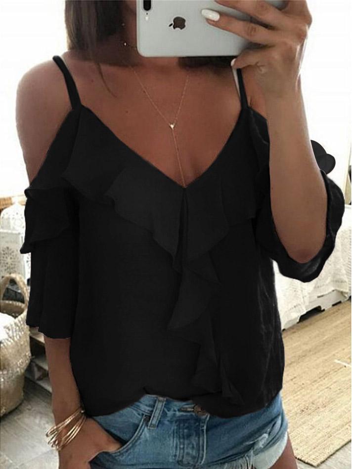 V-Neck Ruffled Off The Shoulder Casual T-Shirt Ins Street