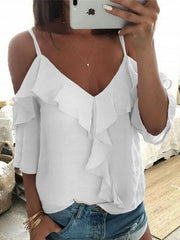 V-Neck Ruffled Off The Shoulder Casual T-Shirt Ins Street