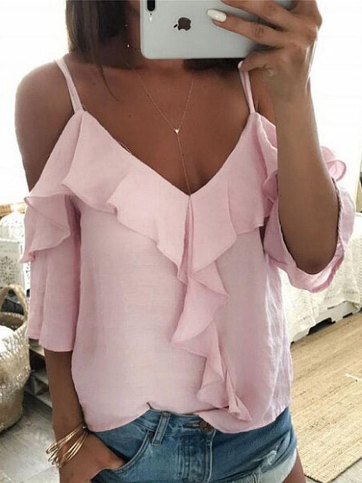 V-Neck Ruffled Off The Shoulder Casual T-Shirt Ins Street