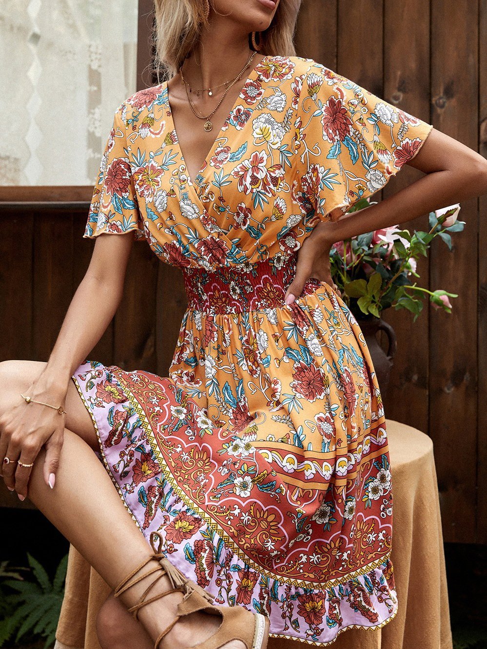 V-Neck Short Sleeve Boho Print Dress Ins Street