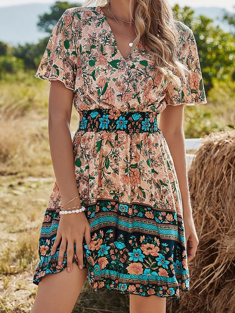 V-Neck Short Sleeve Boho Print Dress Ins Street