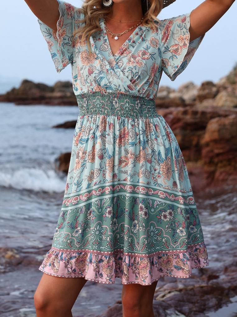 V-Neck Short Sleeve Boho Print Dress Ins Street