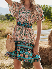 V-Neck Short Sleeve Boho Print Dress Ins Street