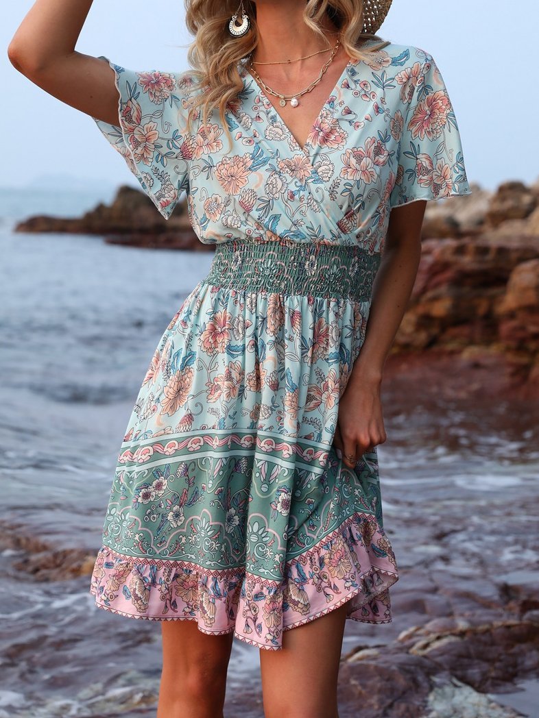 V-Neck Short Sleeve Boho Print Dress Ins Street