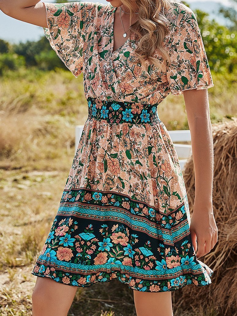 V-Neck Short Sleeve Boho Print Dress Ins Street