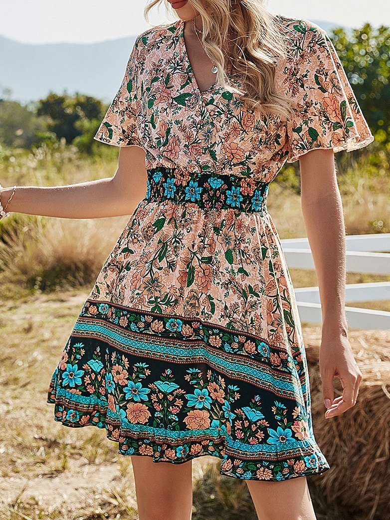 V-Neck Short Sleeve Boho Print Dress Ins Street