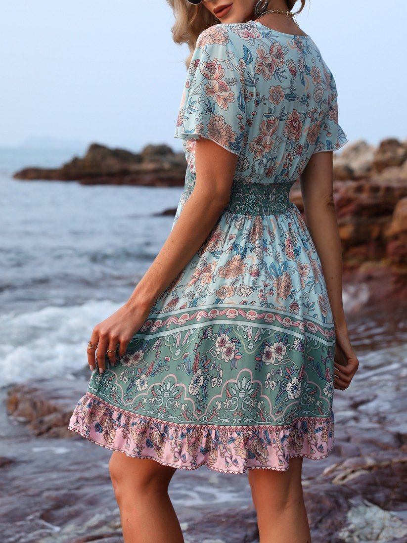 V-Neck Short Sleeve Boho Print Dress Ins Street