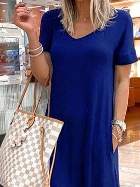 V-Neck Short Sleeve Casual Pocket Dress Ins Street