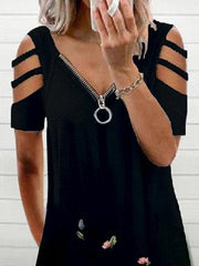 V-neck Short Sleeve Casual Zipper Loose Dress Ins Street