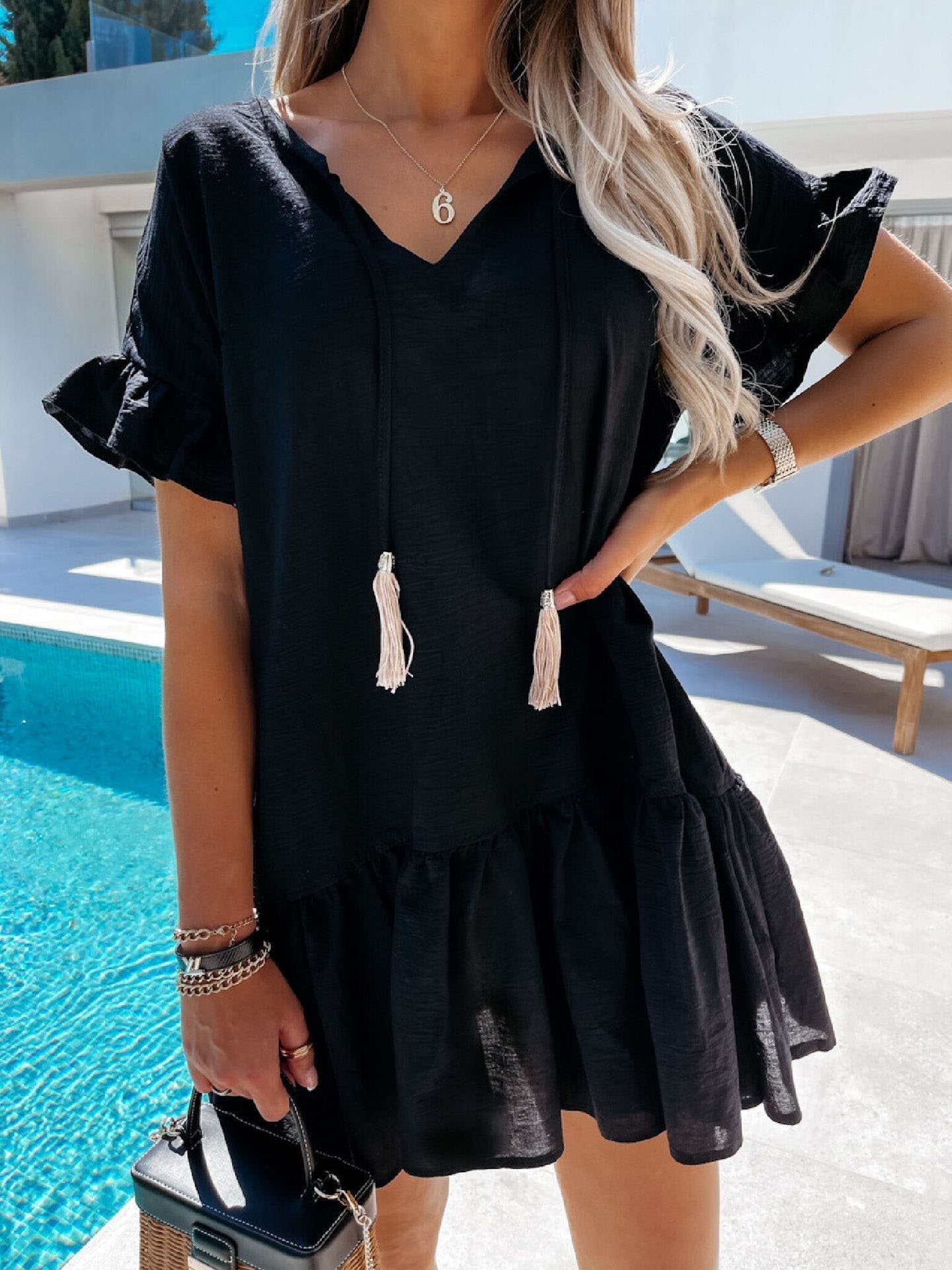 V-neck Short Sleeve Dangle Mini Dress Ins Street