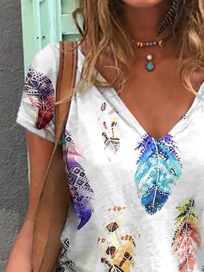 V-Neck Short Sleeve Feather Print Casual T-Shirt Ins Street